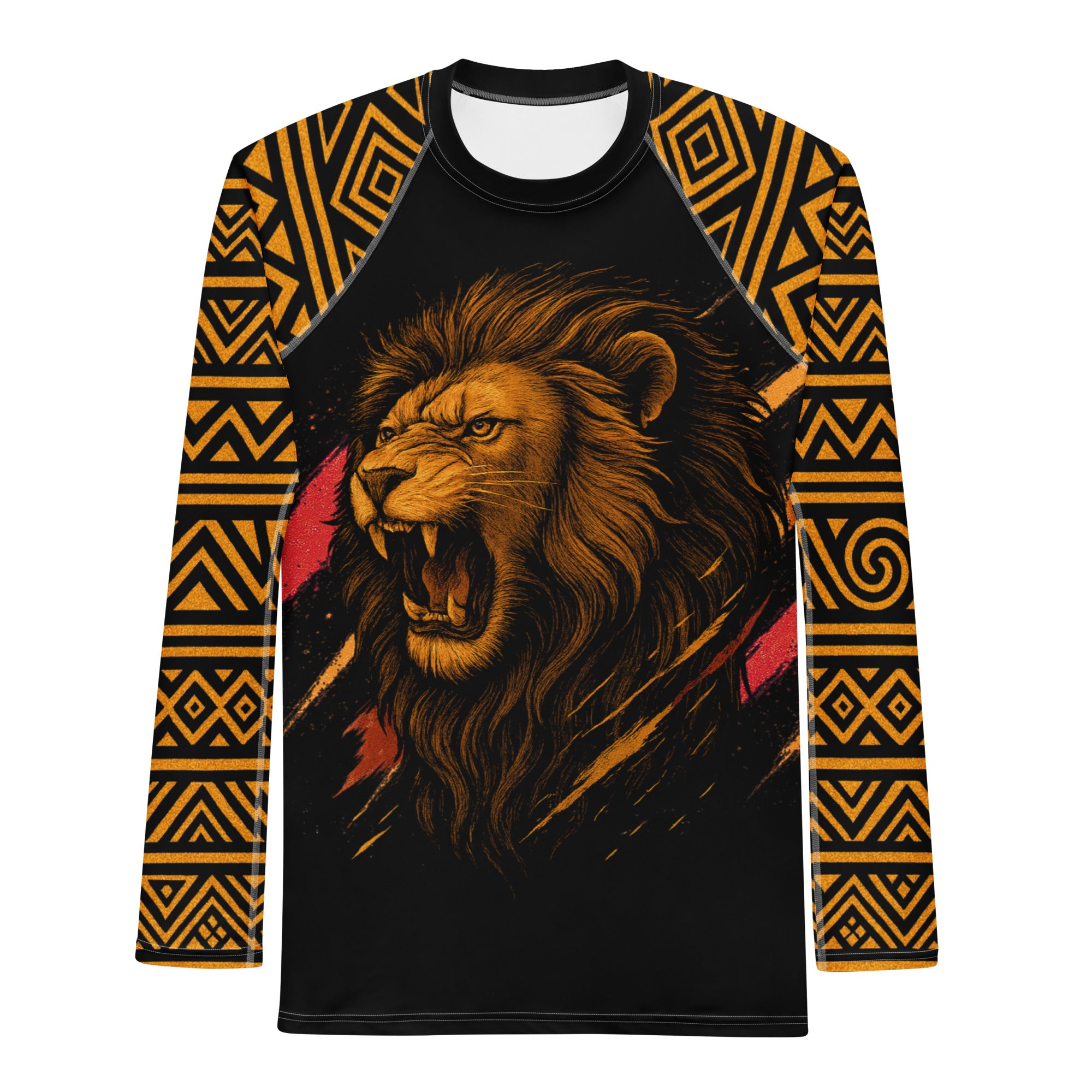 Roll Gear Lion’s Pride Men’s Long Sleeve Rash Guard – Black & Gold, front view, all-over print.