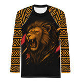 Roll Gear Lion’s Pride Men’s Long Sleeve Rash Guard – Black & Gold, front view, all-over print.