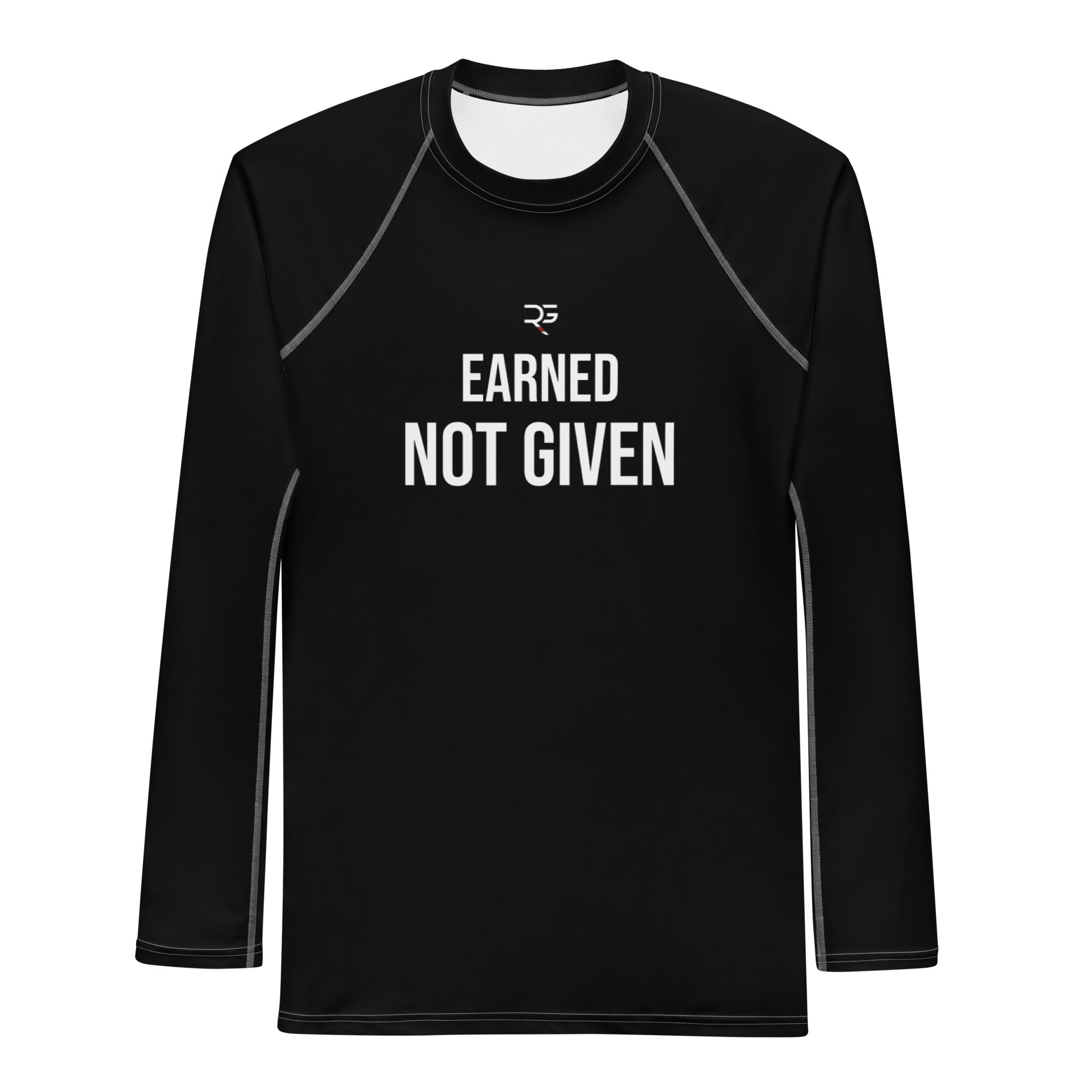 Roll Gear Excuses Don’t Burn Calories Long Sleeve Rash Guard – Black – Men’s, front view, all-over print.