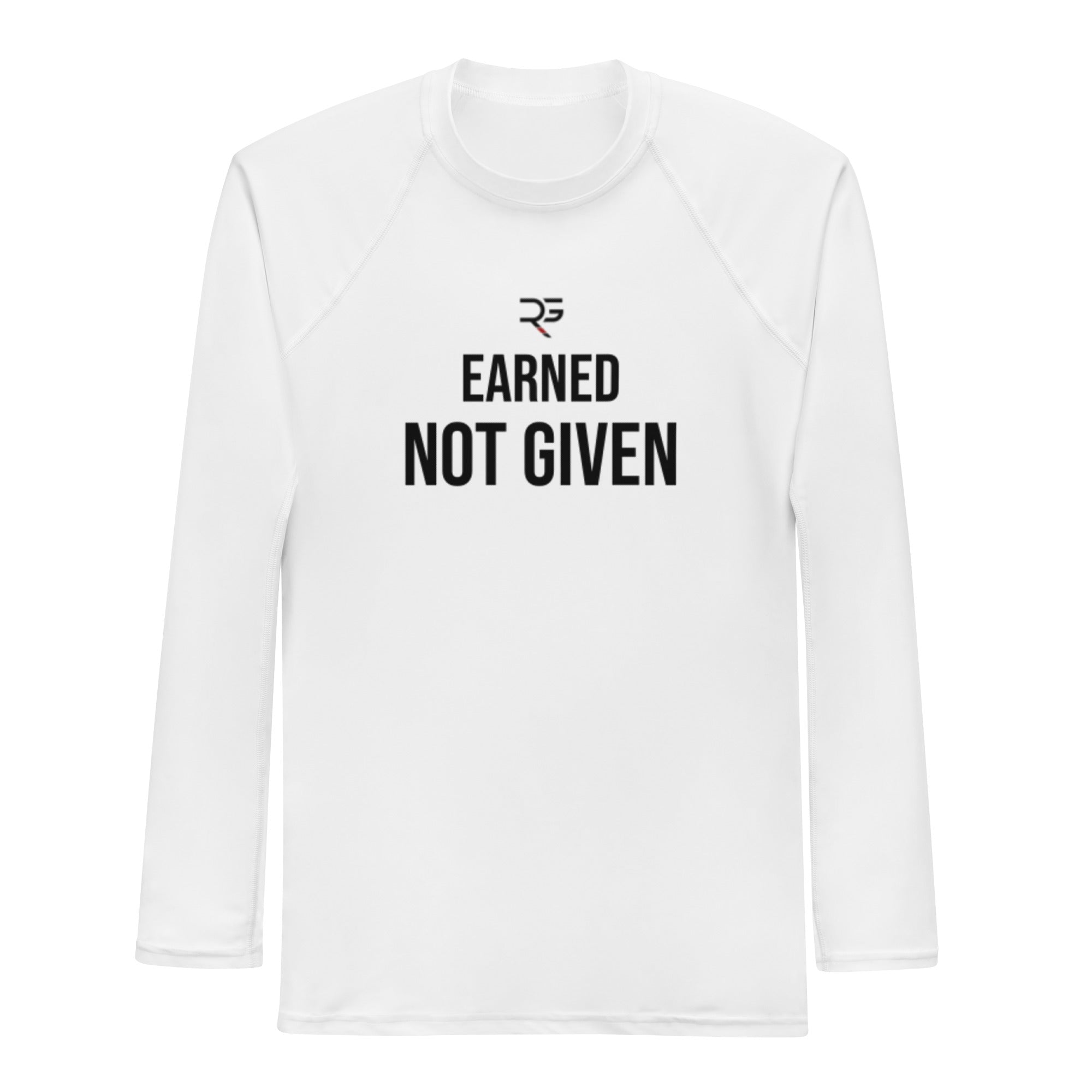 Roll Gear Excuses Don’t Burn Calories Long Sleeve Rash Guard – White – Men’s, front view, all-over print.