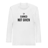 Roll Gear Excuses Don’t Burn Calories Long Sleeve Rash Guard – White – Men’s, front view, all-over print.