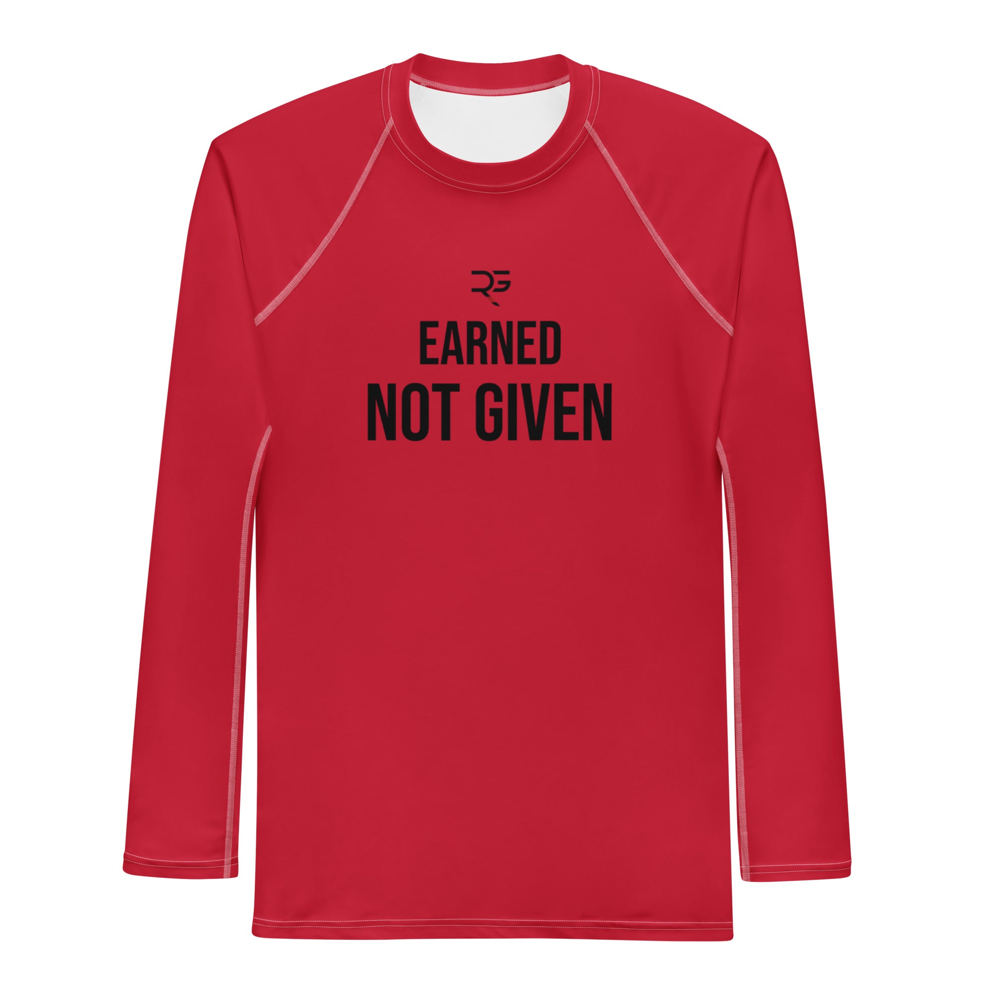 Roll Gear Excuses Don’t Burn Calories Long Sleeve Rash Guard – Red – Men’s, front view, all-over print.