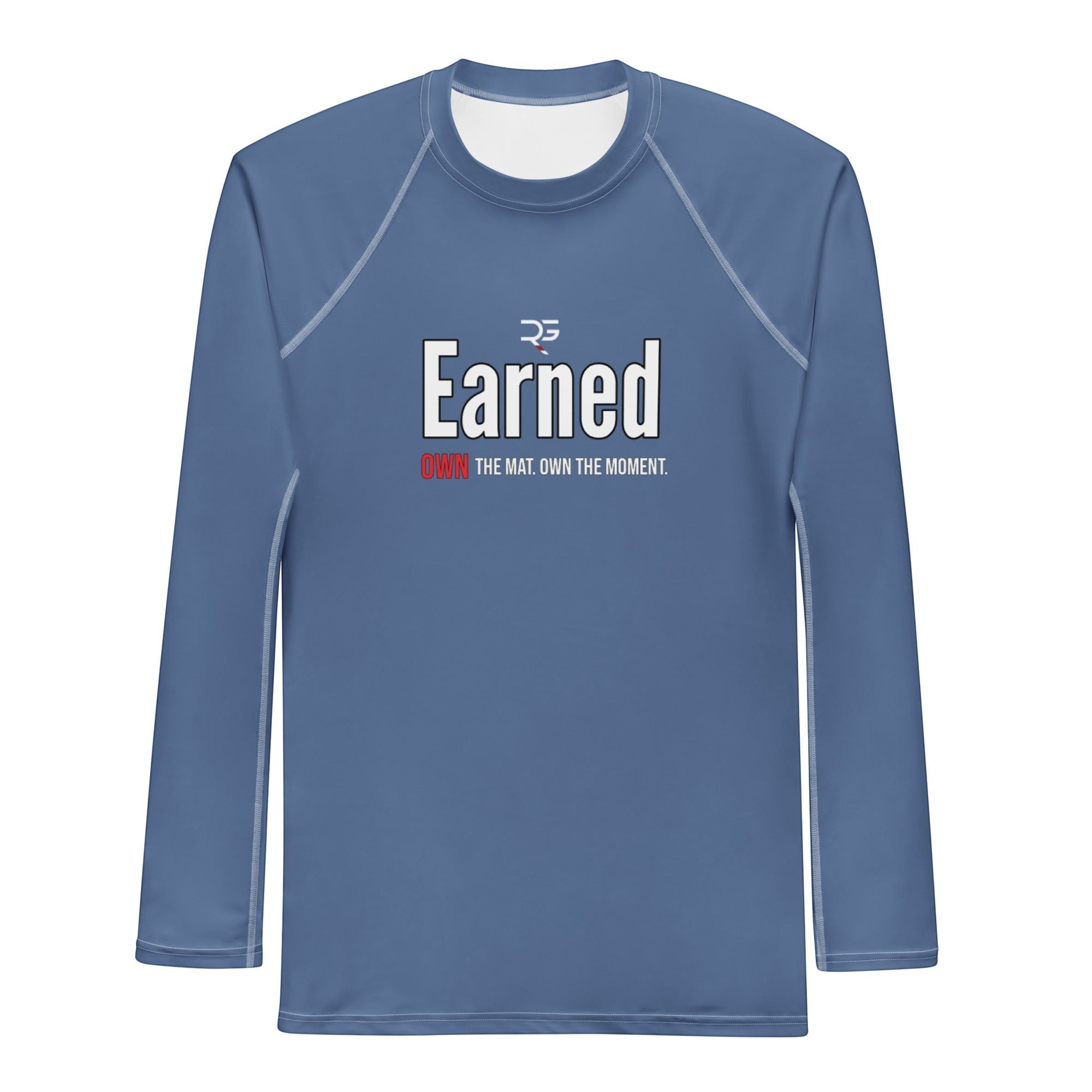 Roll Gear Earned Not Given Long Sleeve Rash Guard – Blue – Men’s, front view, all-over print.