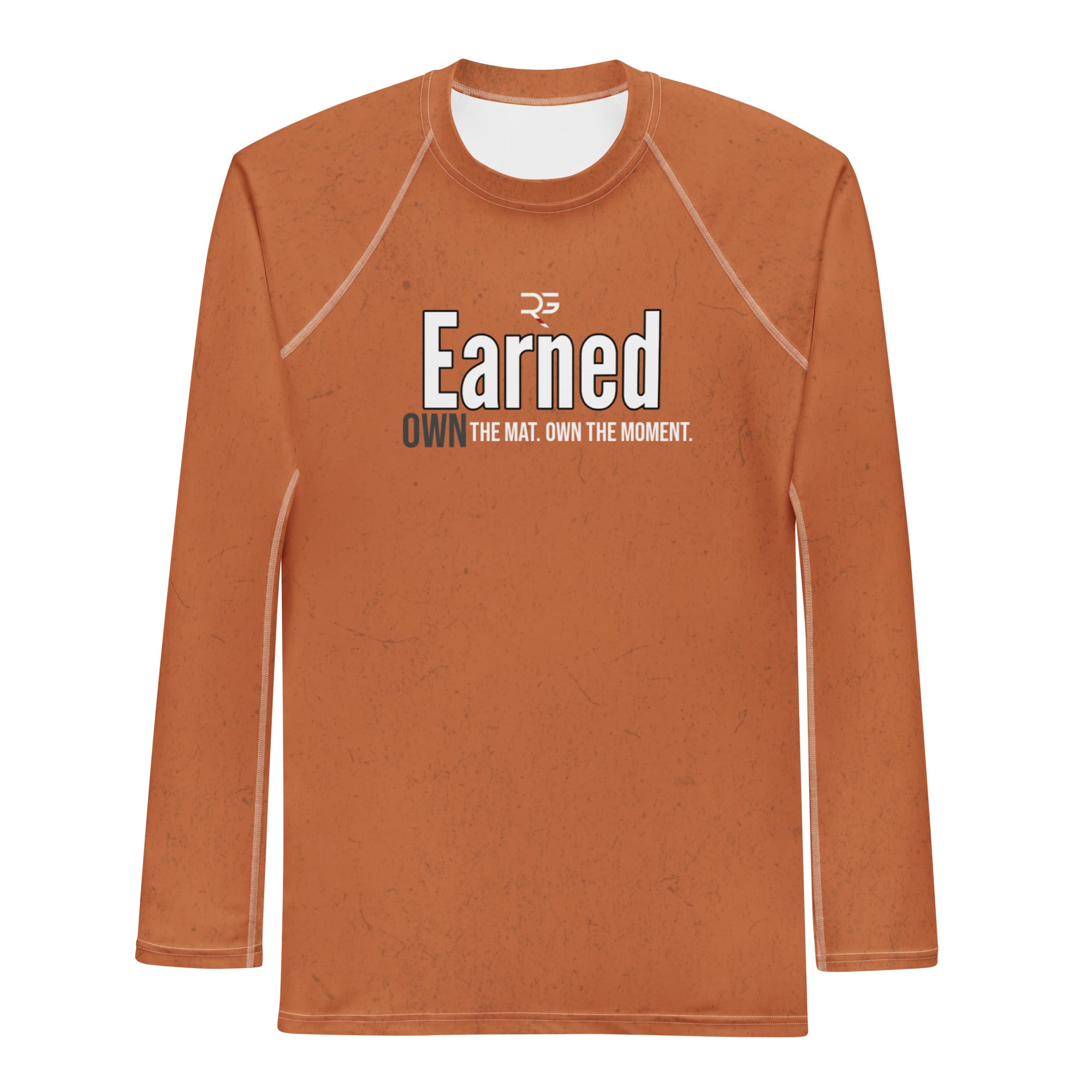 Roll Gear Earned Not Given Long Sleeve Rash Guard – Burnt Orange, front view, all-over print.