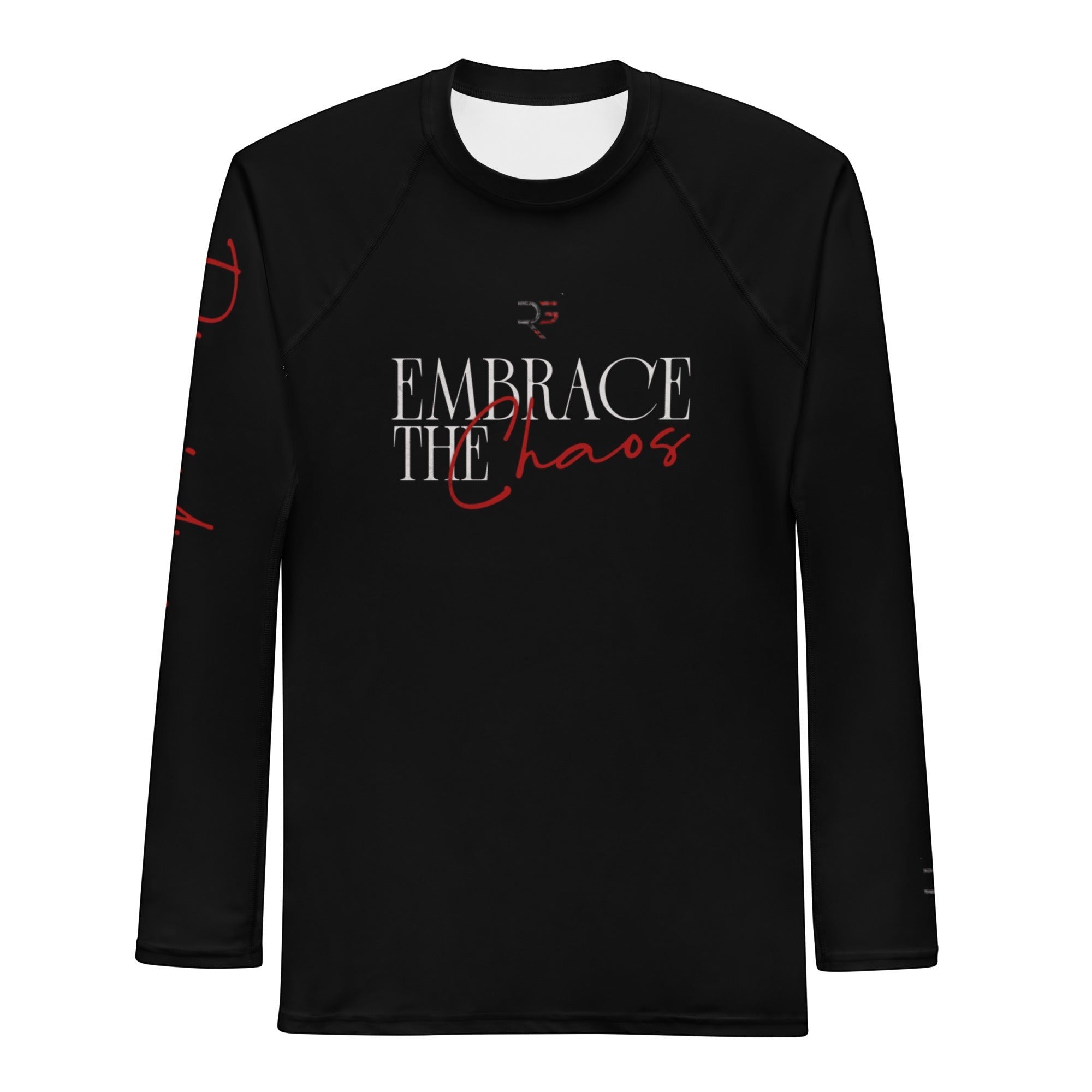 Roll Gear Embrace the Chaos Rash Guard – Black – Men’s, front view, all-over print.
