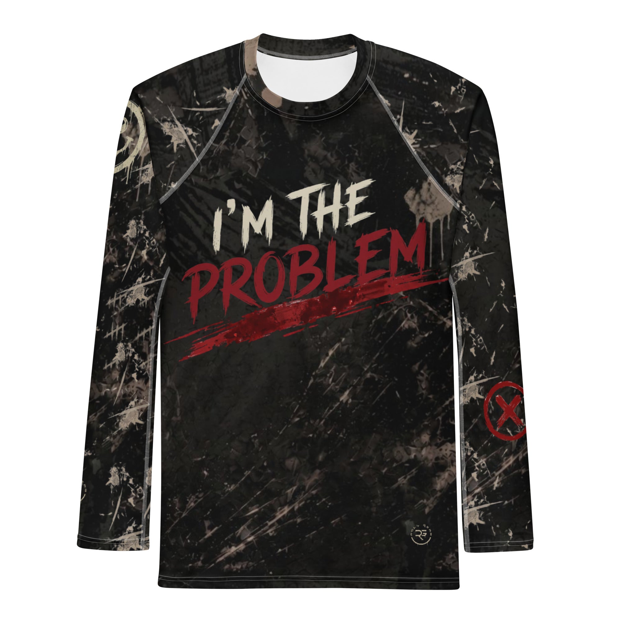Men's I'm the Problem long sleeve rash guard, front view, black distressed camo with red and white text graphic