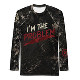 Men's I'm the Problem long sleeve rash guard, front view, black distressed camo with red and white text graphic