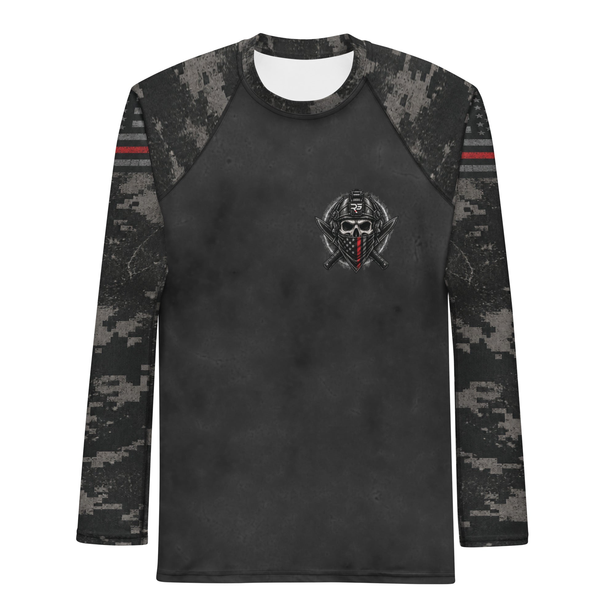 Roll Gear Men's Special Forces Edition Rash Guard, front view, digital camo with thin red line.