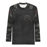 Roll Gear Men's Special Forces Edition Rash Guard, front view, digital camo with thin red line.