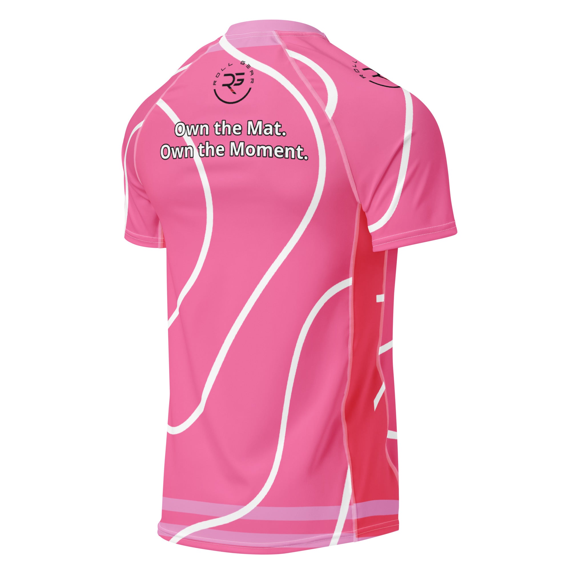 Roll Gear Pink Performance Rash Guard – Short Sleeve, back view, all-over print.