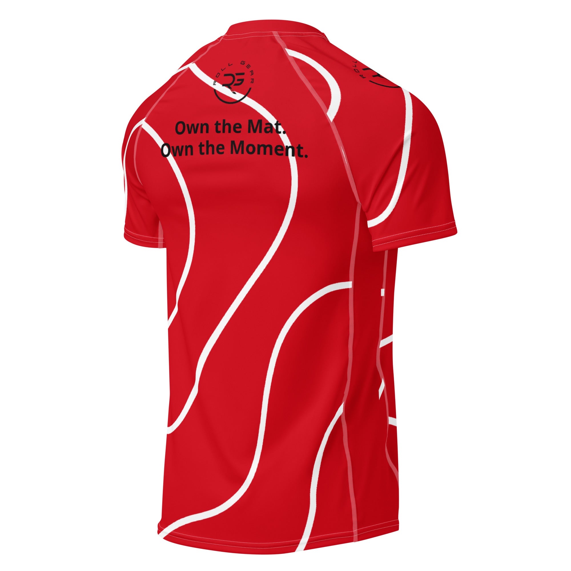 Roll Gear Red with White Lines Rash Guard – Short Sleeve, back view.