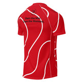 Roll Gear Red with White Lines Rash Guard – Short Sleeve, back view.