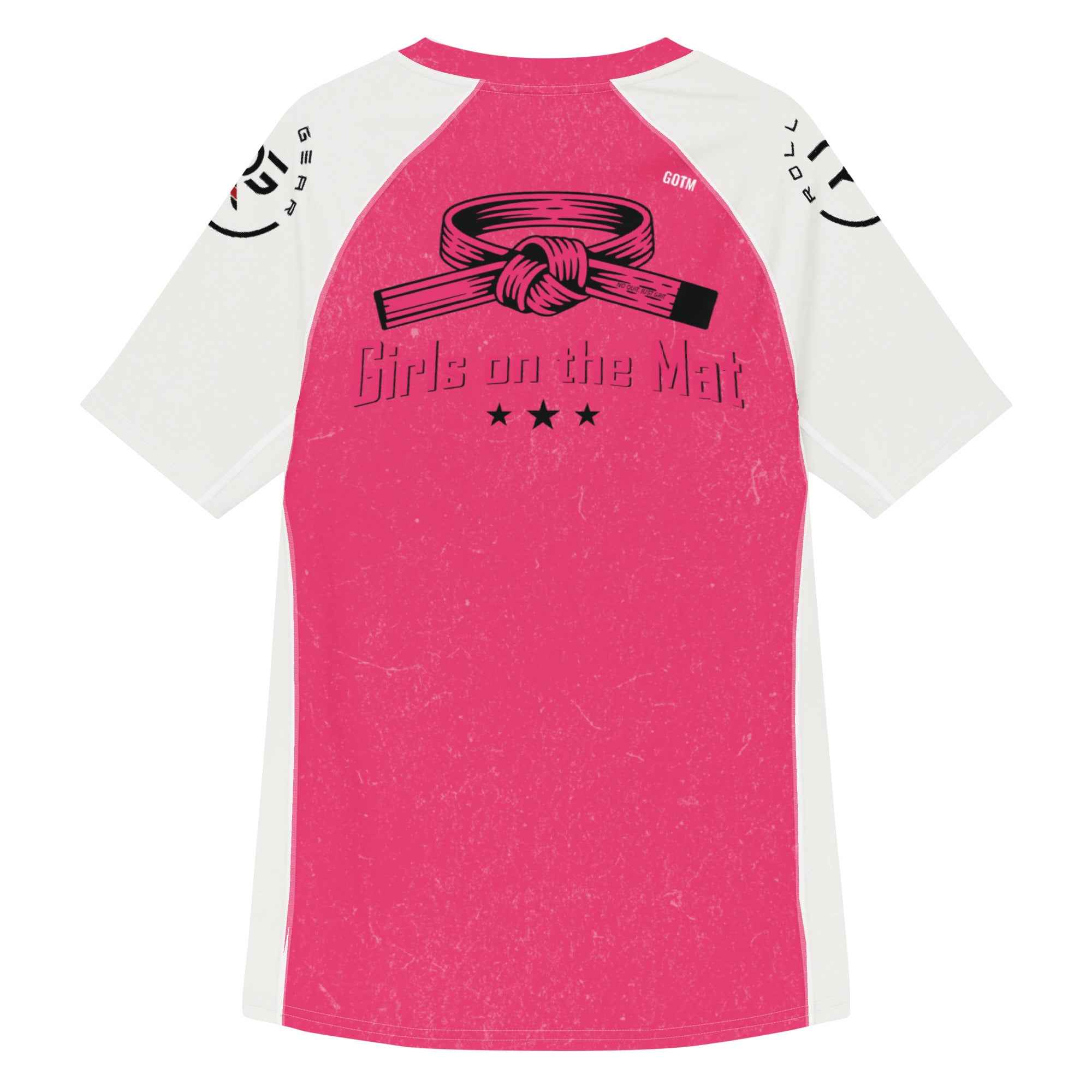 Roll Gear Tap Hype Short Sleeve Rash Guard – Pink & White – Women’s, second back view, all-over print.
