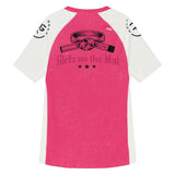 Tap Hype- Short Sleeve Rash Guard in pink and white with 'Girls on the Mat' text and knotted belt graphic on the back, ideal for BJJ training.