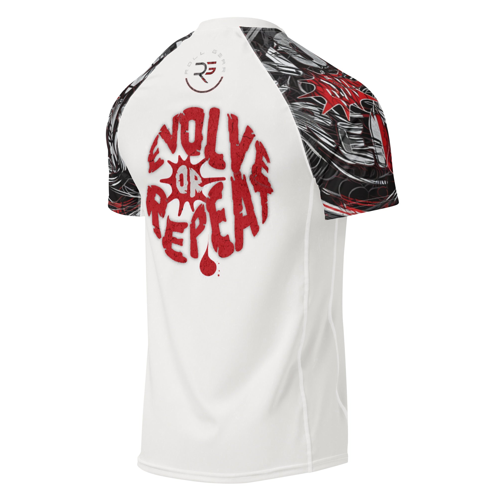 Roll Gear Evolve or Repeat Short Sleeve Rash Guard – White & Red, back view, all-over print.