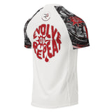 Roll Gear Evolve or Repeat Short Sleeve Rash Guard – White & Red, back view, all-over print.