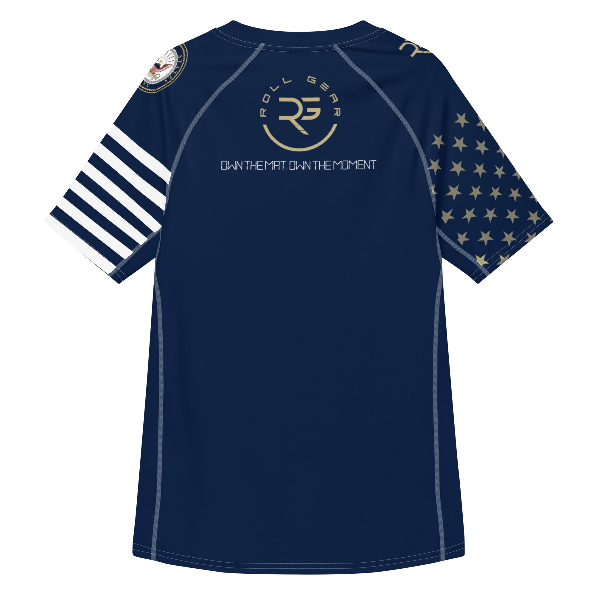 Roll Gear Men's Navy Military Short Sleeve Rash Guard, back view, additional angle.