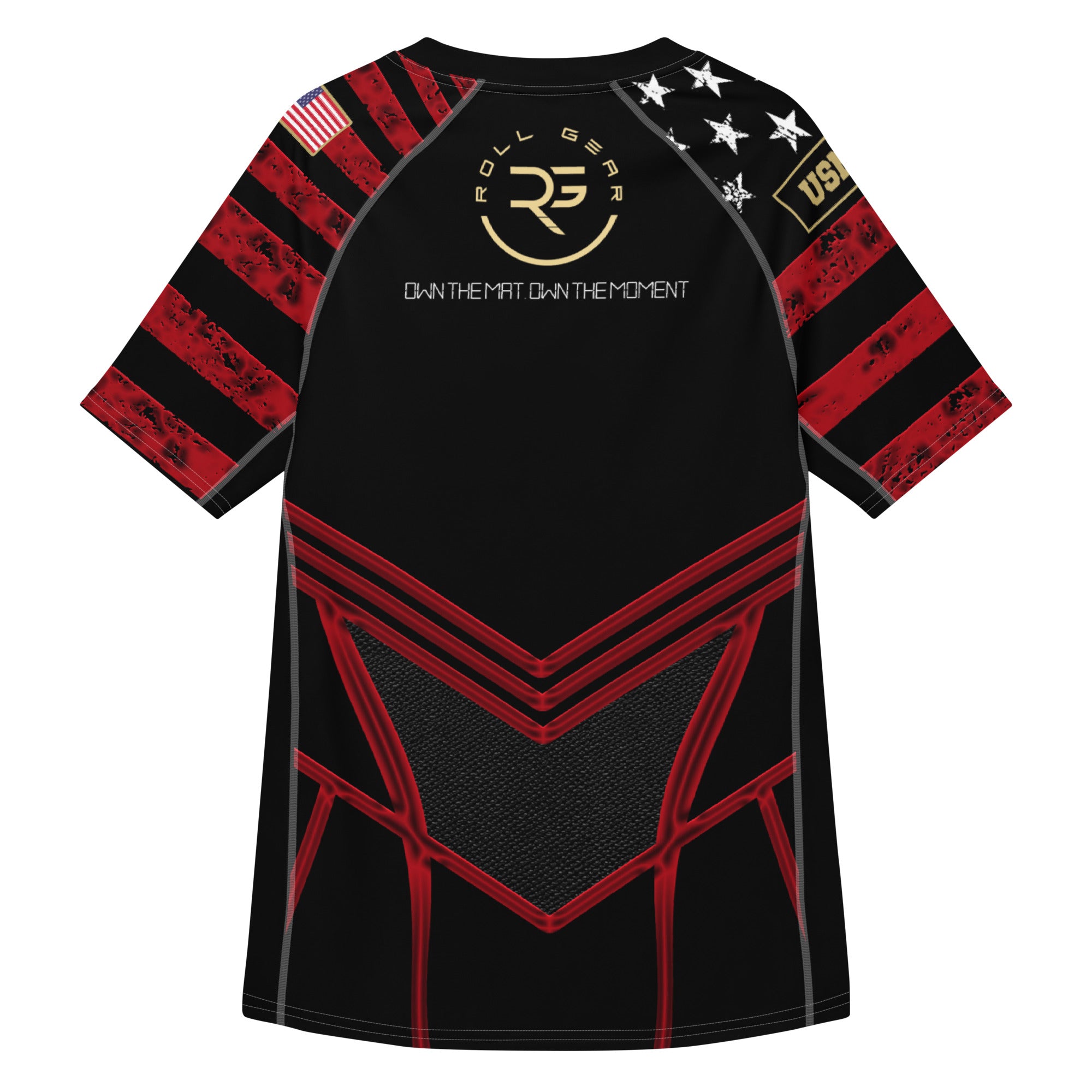 Roll Gear Unisex Marines "Dress Blues" Short Sleeve Rash Guard – black, red & gold USMC-inspired design, back view.