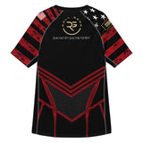 Roll Gear Unisex Marines "Dress Blues" Short Sleeve Rash Guard – black, red & gold USMC-inspired design, back view.