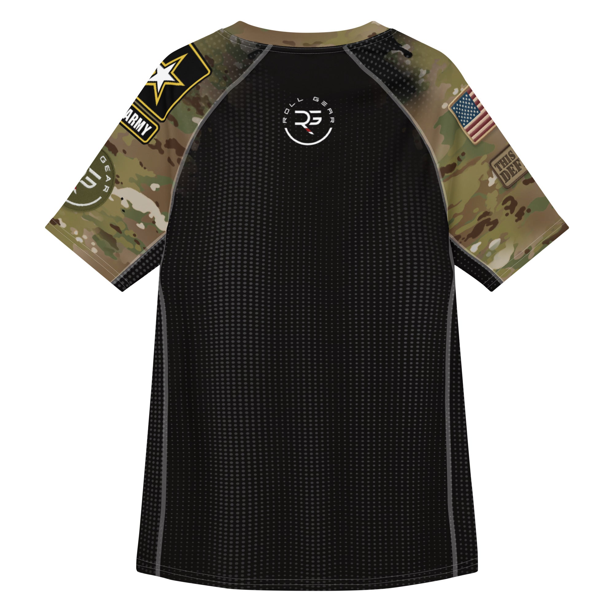 Roll Gear Unisex Army Short Sleeve Rash Guard – camo sleeve and Army graphic detail, back view.