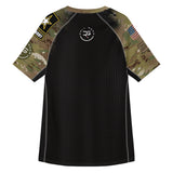 Roll Gear Unisex Army Short Sleeve Rash Guard – camo sleeve and Army graphic detail, back view.