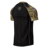 Roll Gear Unisex Army Short Sleeve Rash Guard – black body with camo sleeves and American flag design, back view.
