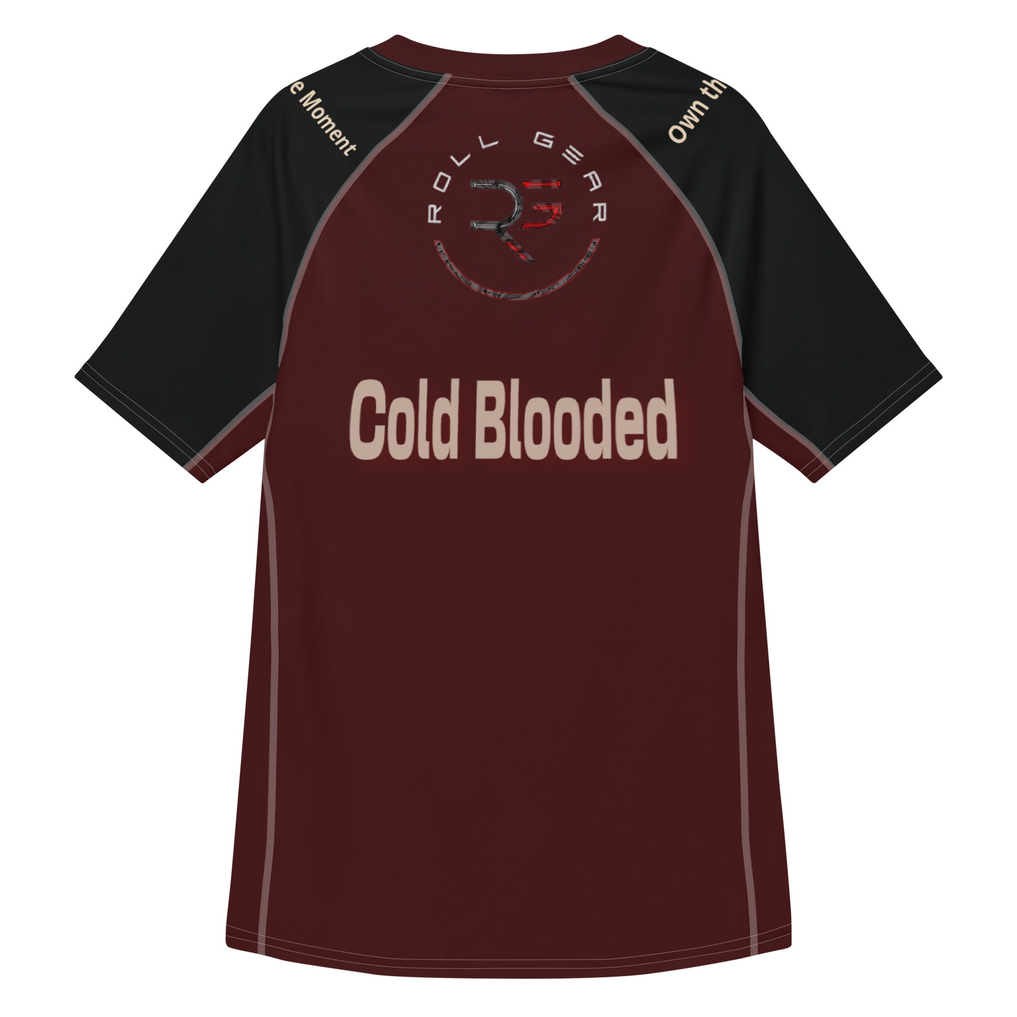 Roll Gear Cold Blooded Rash Guard – Maroon Venom Athlete Edition – Short Sleeve, back view, all-over print.