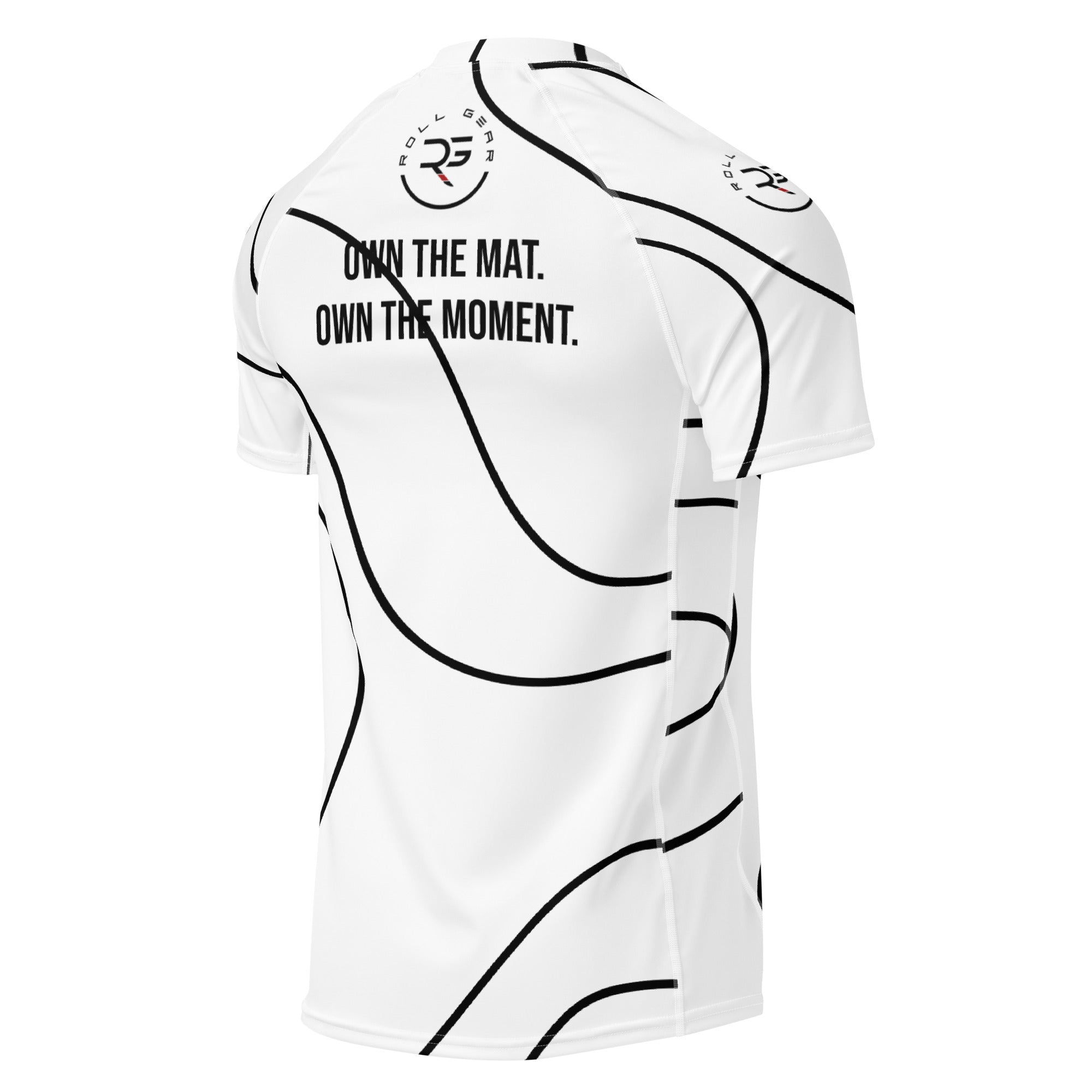 Roll Gear White Swirl Short Sleeve Rash Guard – White/Black swirl design, adult unisex, back view.