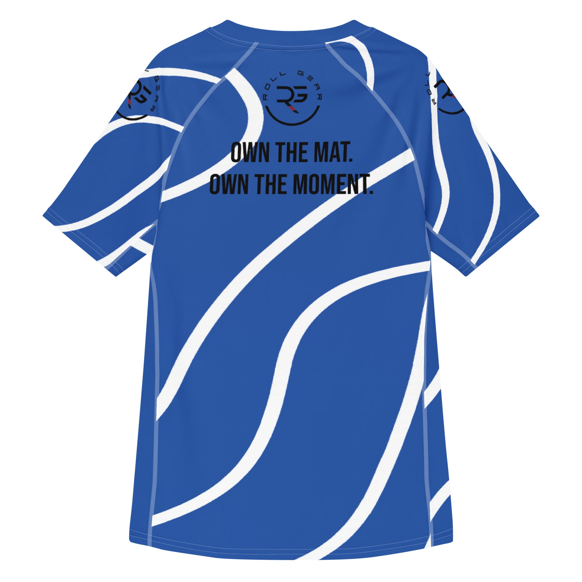 Roll Gear Blue Swirl Short Sleeve Rash Guard - Blue/White, Adult Unisex, back view.