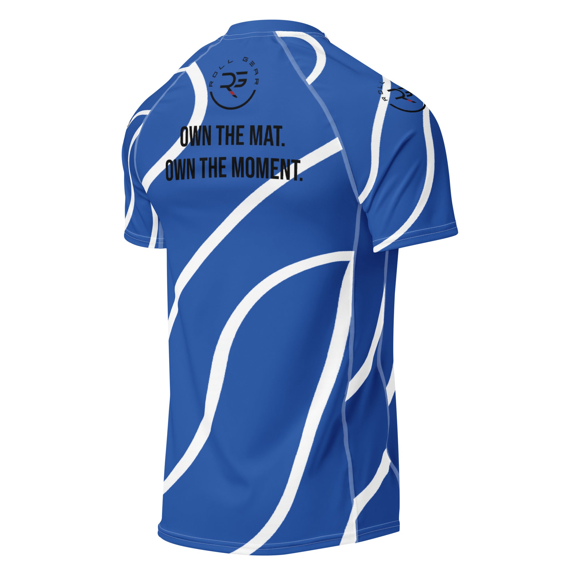 Roll Gear Blue Swirl Short Sleeve Rash Guard - Blue/White, Adult Unisex, back view, additional angle.