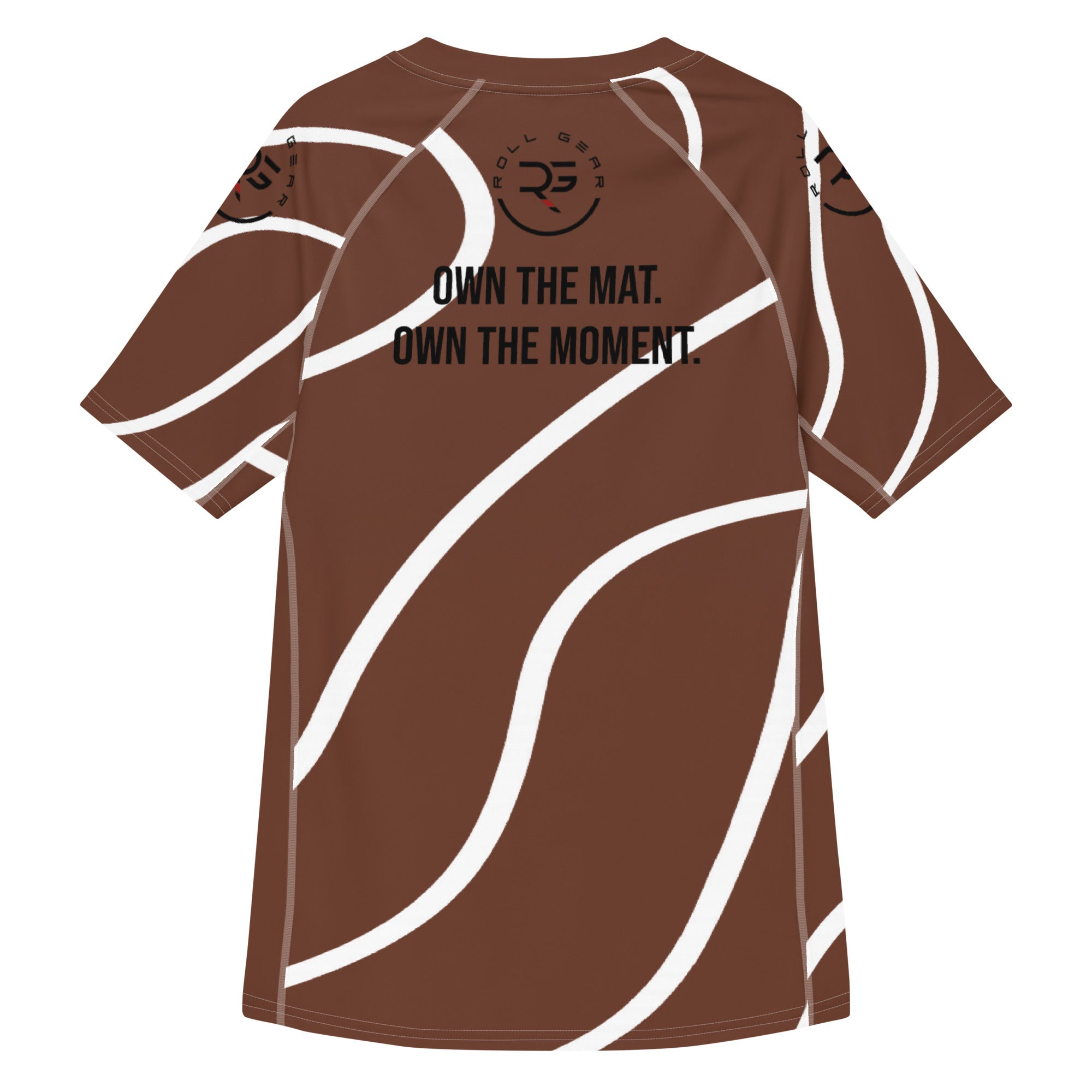 Roll Gear Brown Swirl Short Sleeve BJJ Rash Guard — Unisex Brown & White, back view, all-over print.