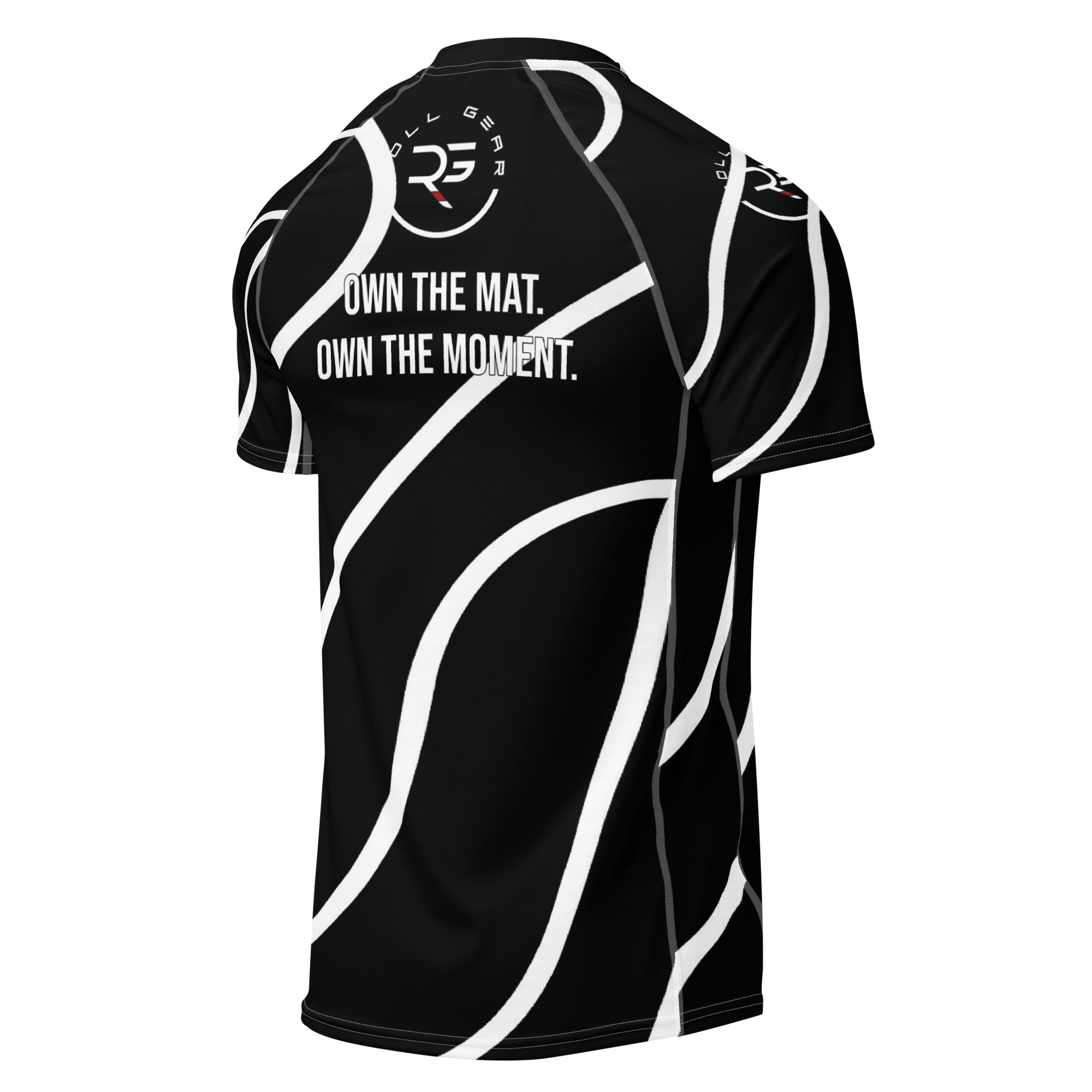 Roll Gear Black Swirl Short Sleeve Rash Guard – Black/White – Adult Unisex, back view, all-over print.