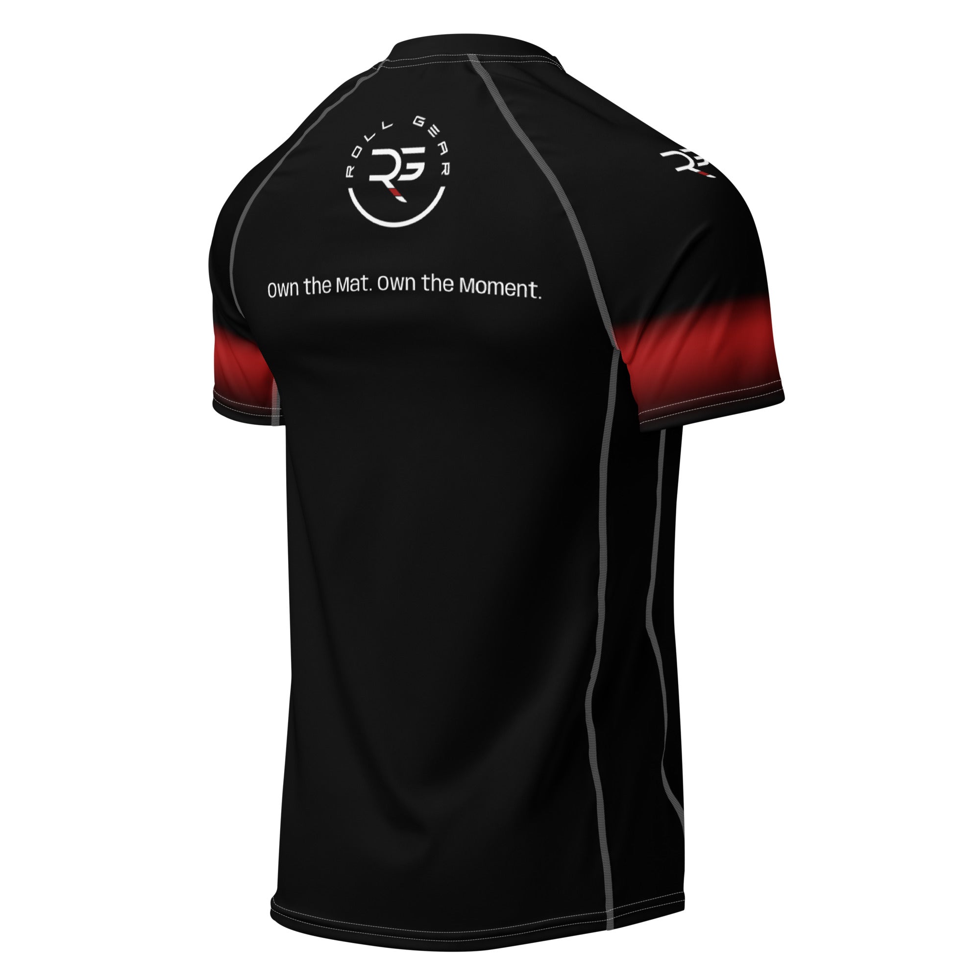Roll Gear Black Fade Rash Guard – Black/White – Adult Short Sleeve, back view, all-over print.