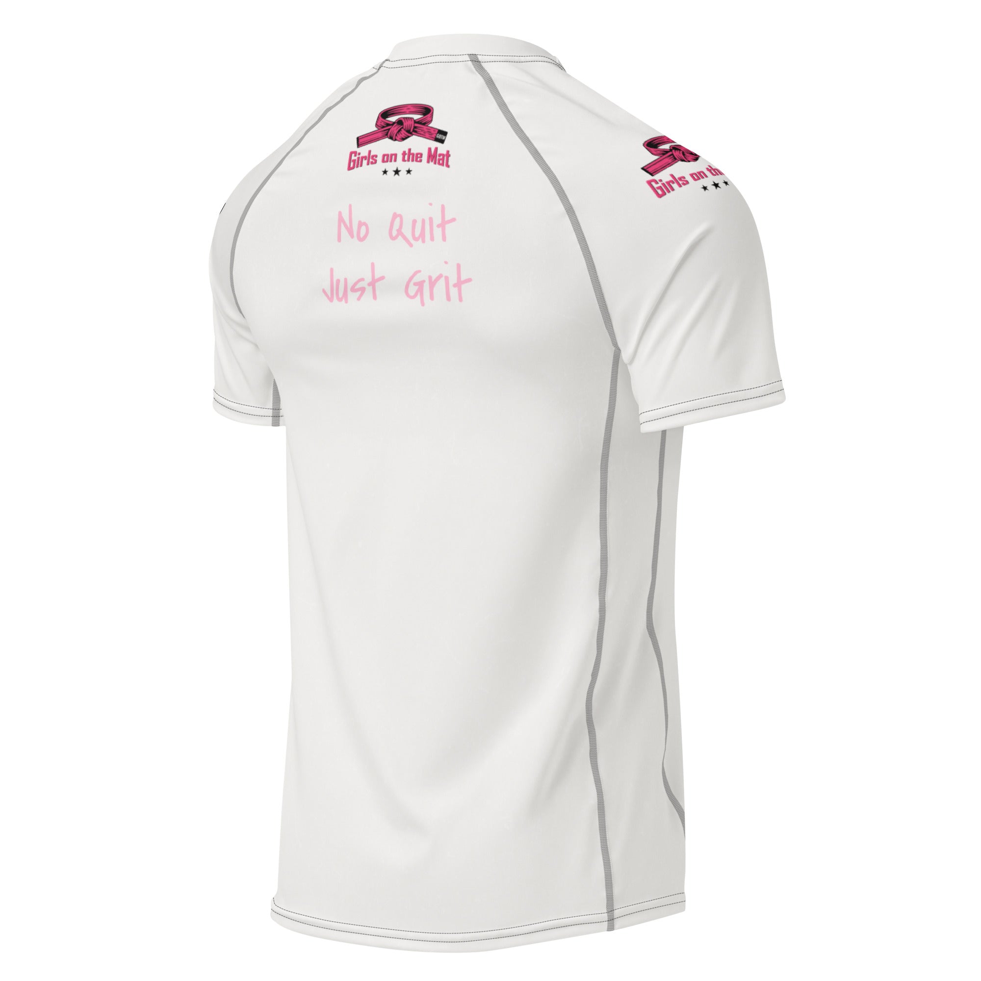 Roll Gear Tap Hype Girls on the Mat Rash Guard – Light Pink/White – Adult Short Sleeve, back view, all-over print.