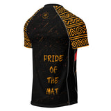 Roll Gear Lion’s Pride Women’s Short Sleeve Rash Guard – Black & Gold, back view, all-over print.