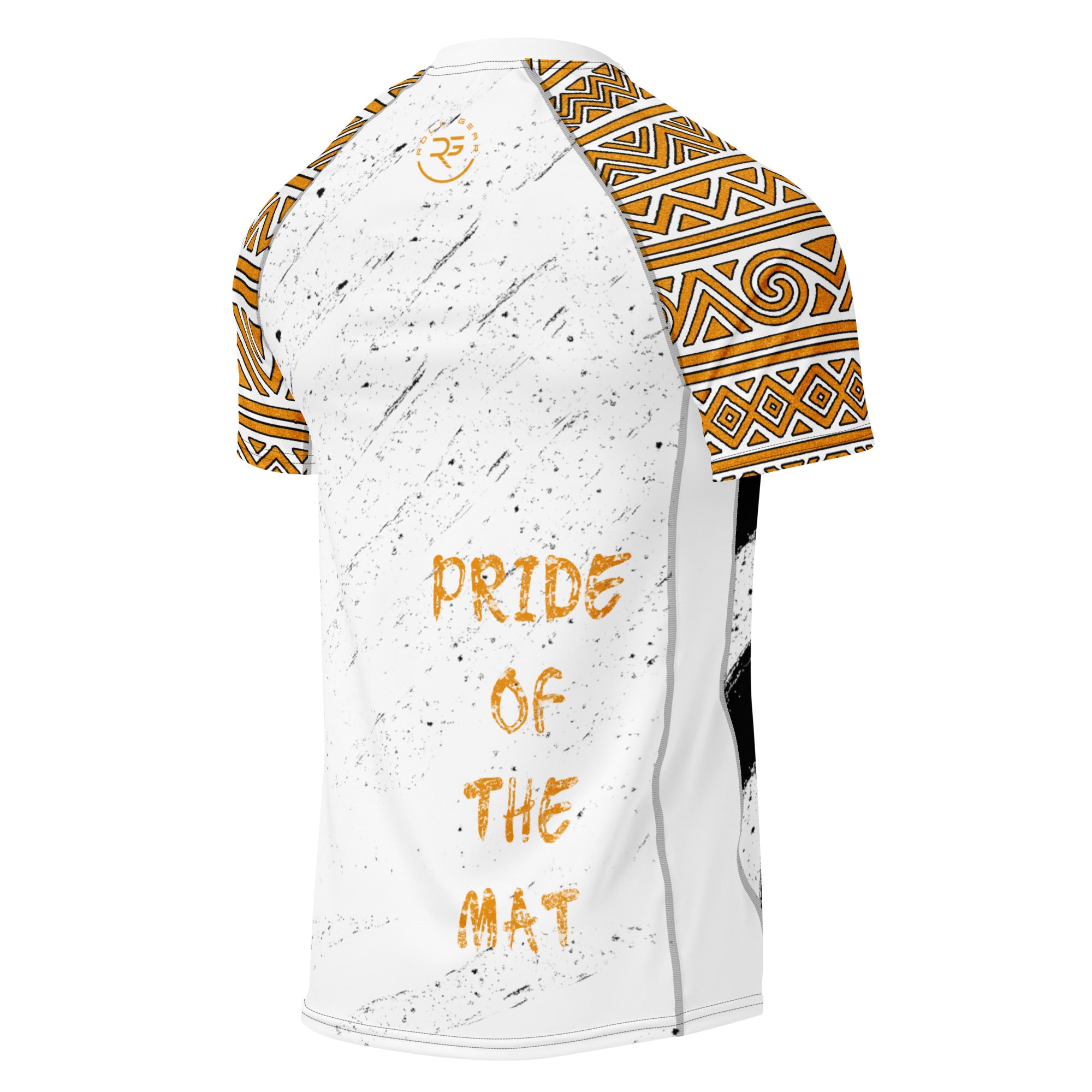 Roll Gear Lion’s Pride Short Sleeve Rash Guard – White & Gold, back view, all-over print.