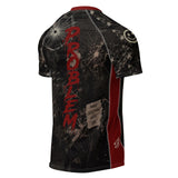 Roll Gear I'm the Problem Short Sleeve Rash Guard – Adult Unisex, back view, distressed camo print.