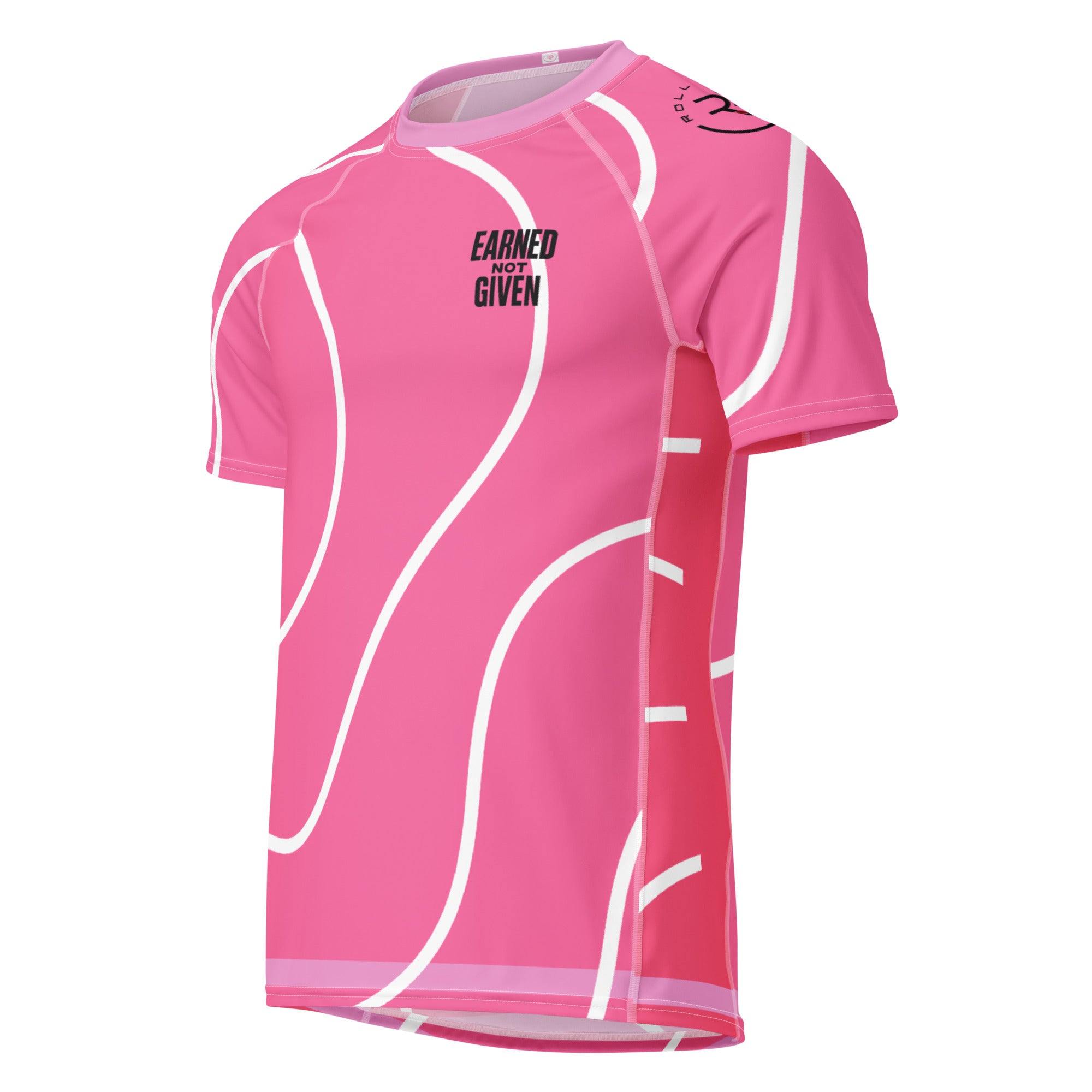 Roll Gear Pink Performance Rash Guard – Short Sleeve, front view, all-over print.