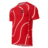 Roll Gear Red with White Lines Rash Guard – Short Sleeve, front view.