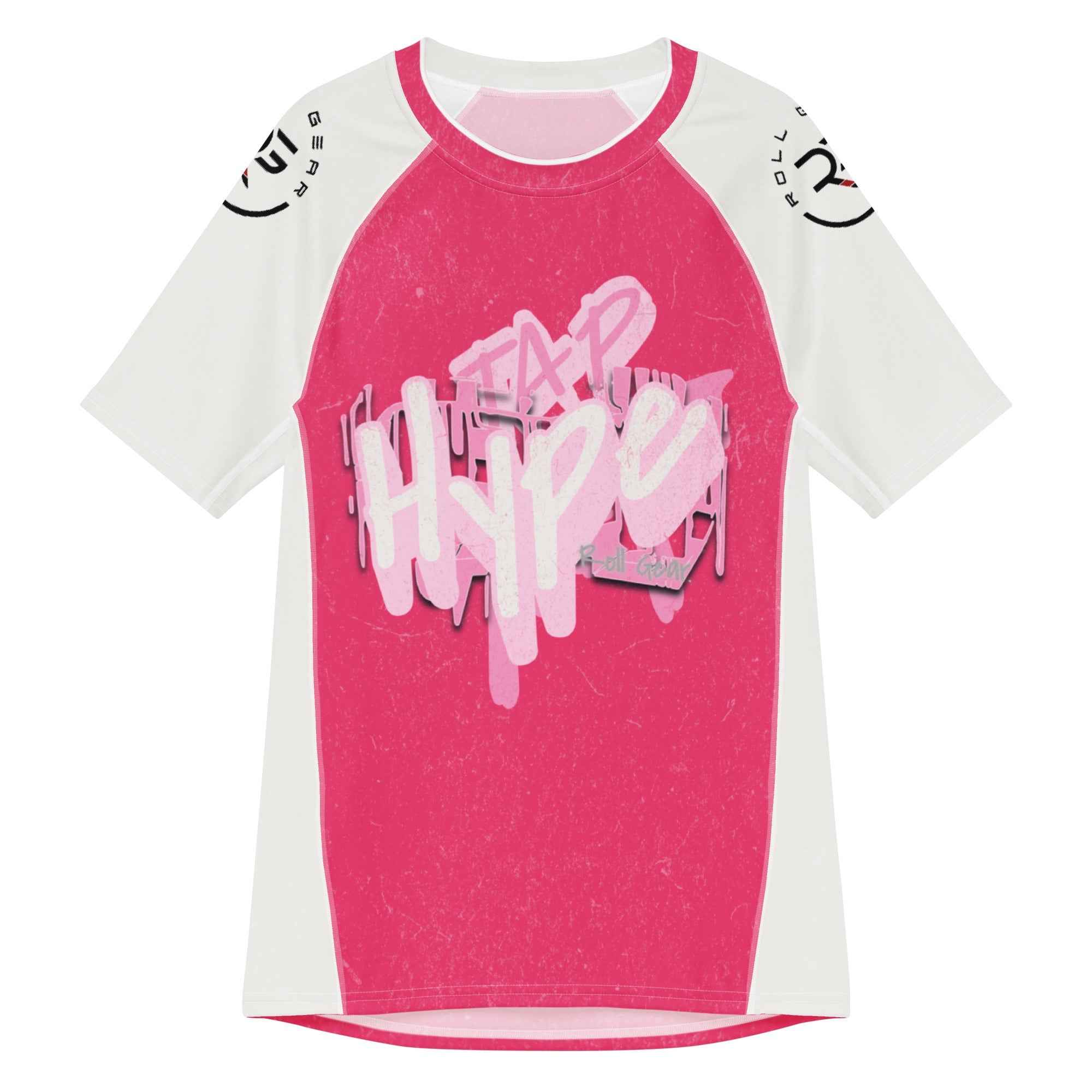 Roll Gear Tap Hype Short Sleeve Rash Guard – Pink & White – Women’s, second front view, all-over print.