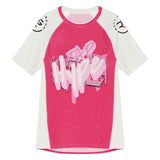 Tap Hype- Short Sleeve Rash Guard in pink and white with graffiti-style 'Tap Hype' text, designed for high-performance grappling and training.