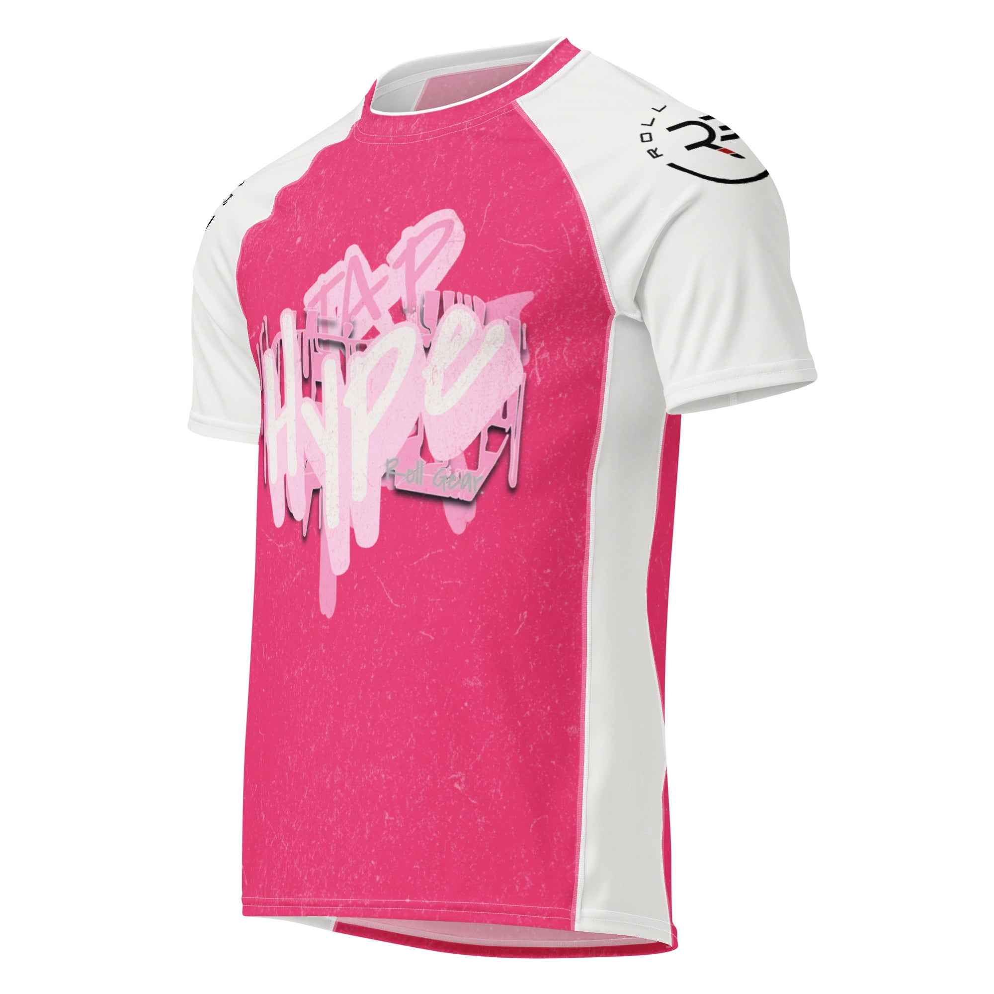 Roll Gear Tap Hype Short Sleeve Rash Guard – Pink & White – Women’s, front view, all-over print.