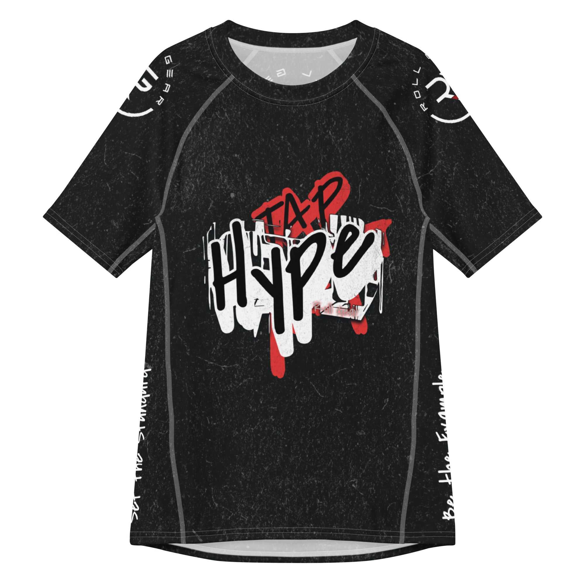 Roll Gear Tap Hype Short Sleeve Rash Guard – Black – Men’s, second front view, all-over print.