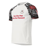 Roll Gear Evolve or Repeat Short Sleeve Rash Guard – White & Red, front view, all-over print.