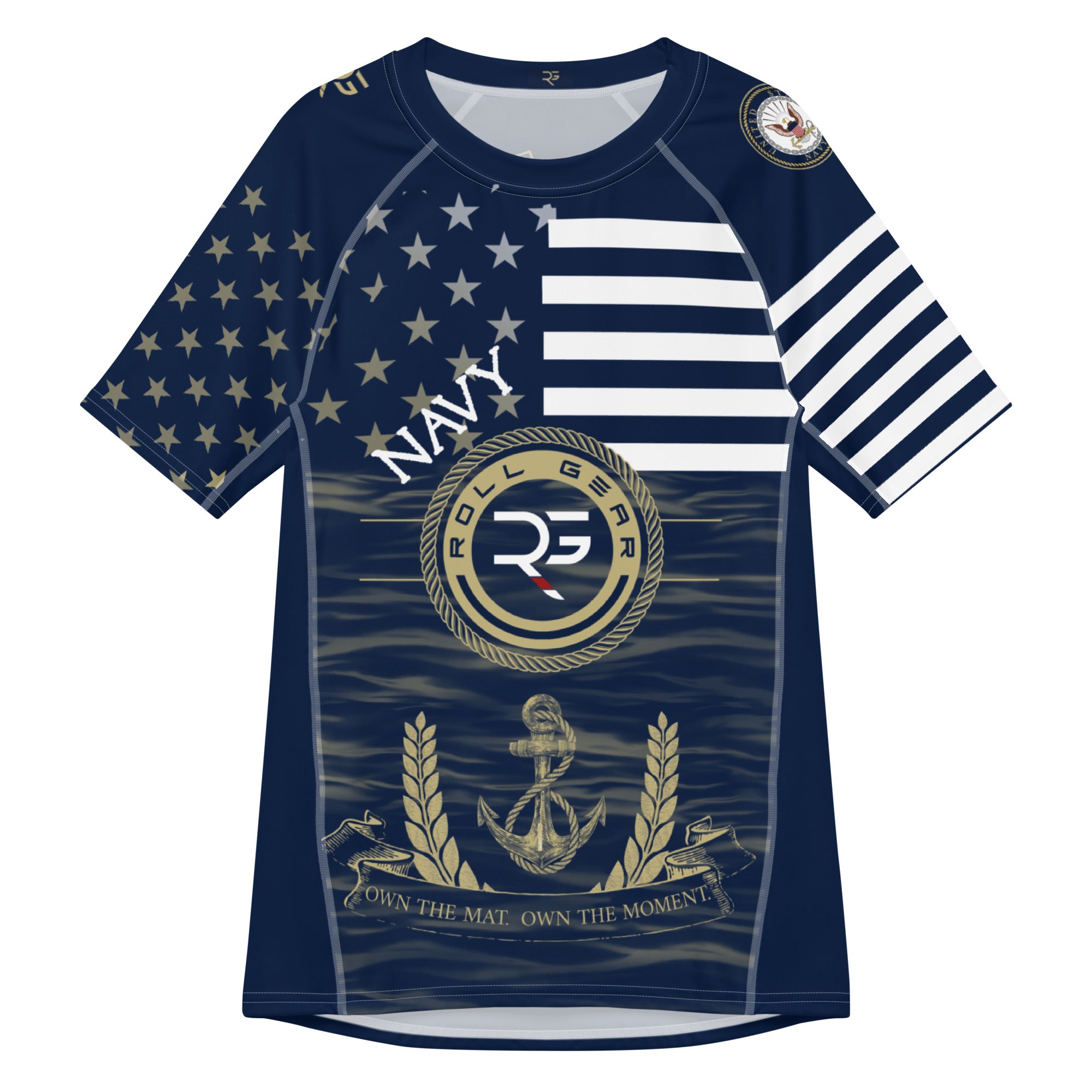 Roll Gear Men's Navy Military Short Sleeve Rash Guard, front view, additional angle.