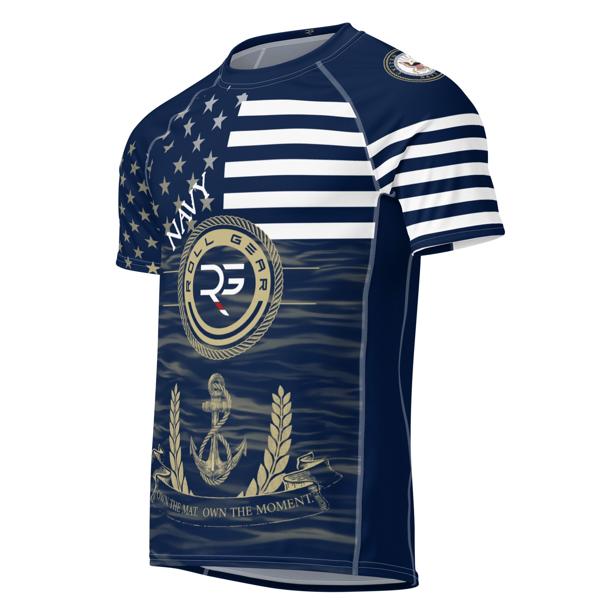 Roll Gear Men's Navy Military Short Sleeve Rash Guard, front view.