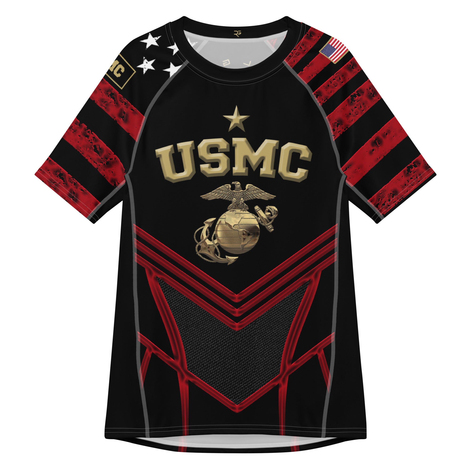 Roll Gear Unisex Marines "Dress Blues" Short Sleeve Rash Guard – black, red & gold USMC-inspired design, front view.