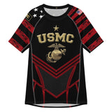 Roll Gear Unisex Marines "Dress Blues" Short Sleeve Rash Guard – black, red & gold USMC-inspired design, front view.