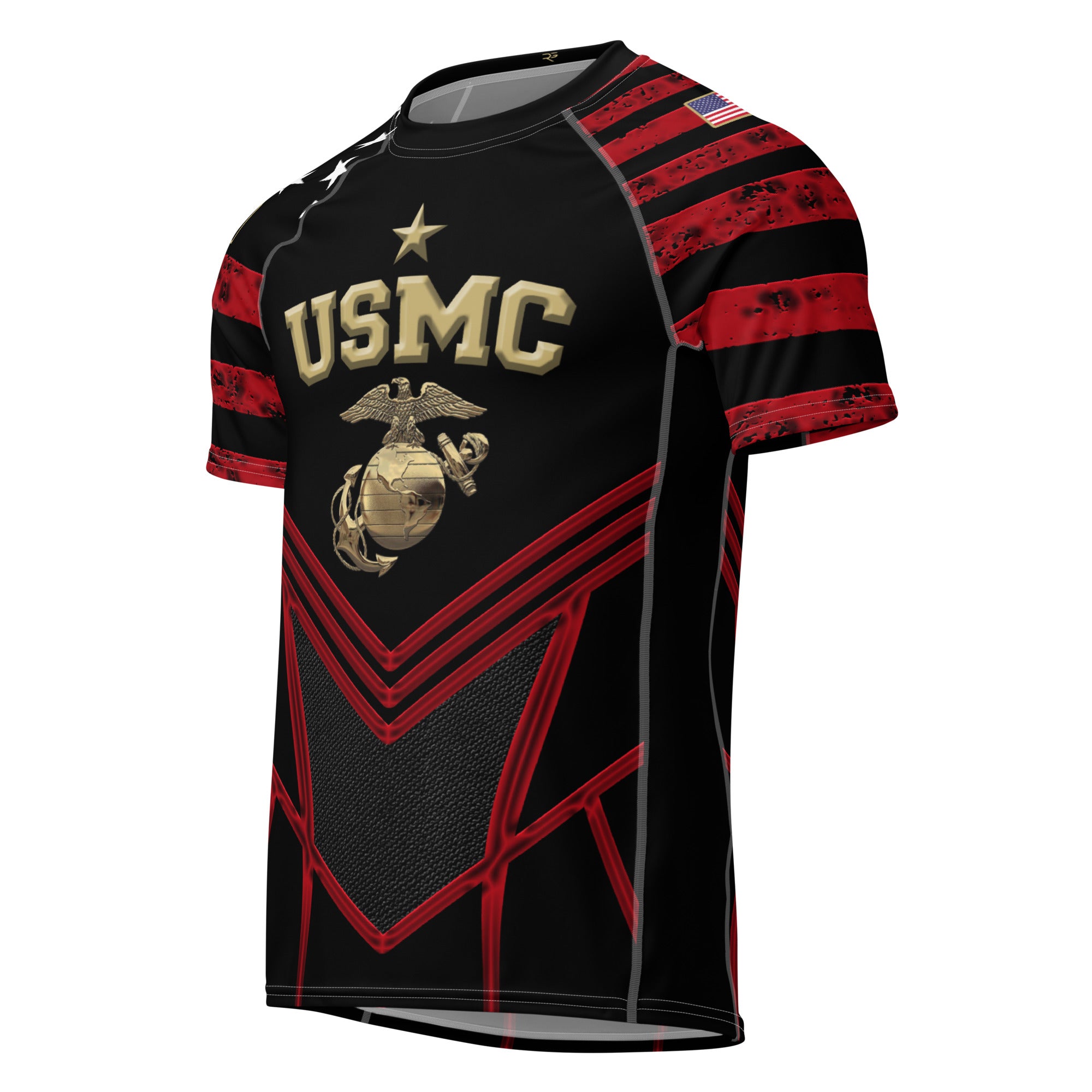 Roll Gear Unisex Marines "Dress Blues" Short Sleeve Rash Guard – front view showing USMC-inspired emblem and red/gold accents.