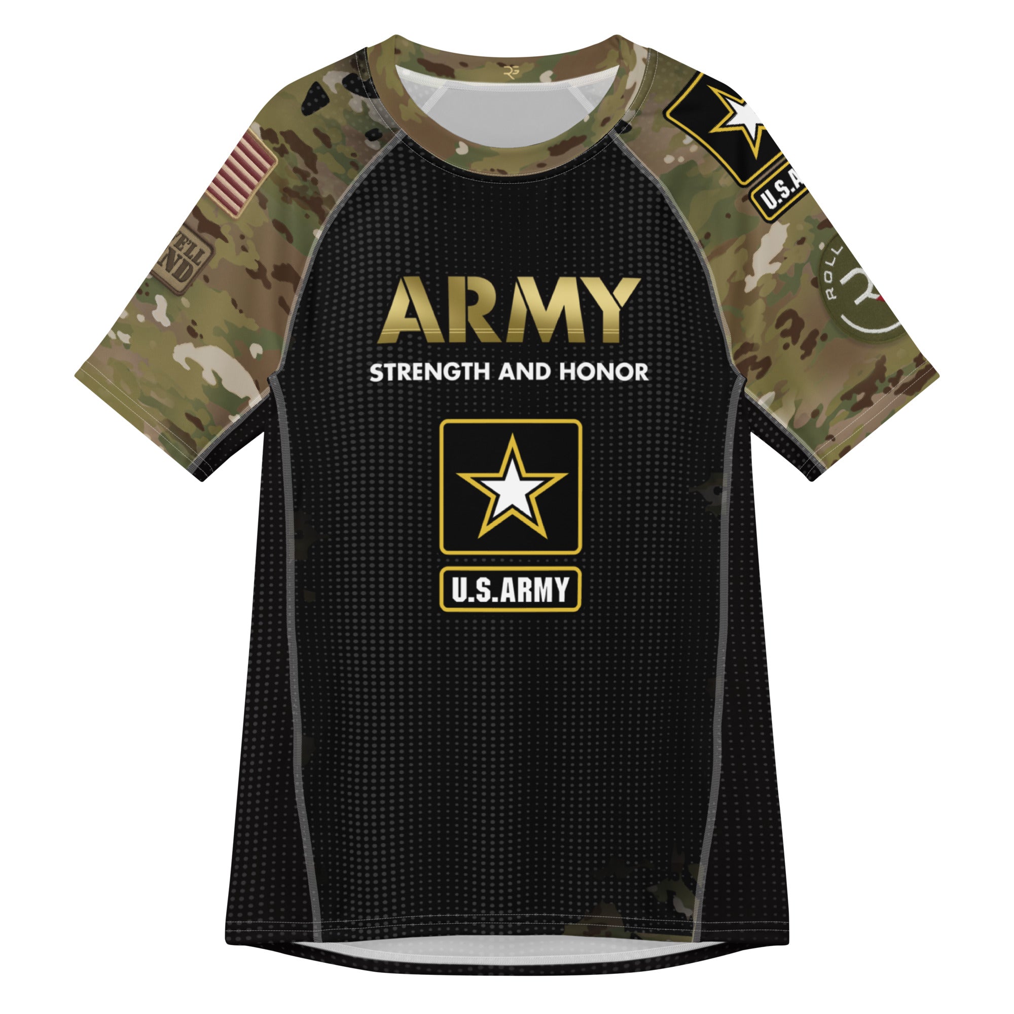 Roll Gear Unisex Army Short Sleeve Rash Guard, front view.